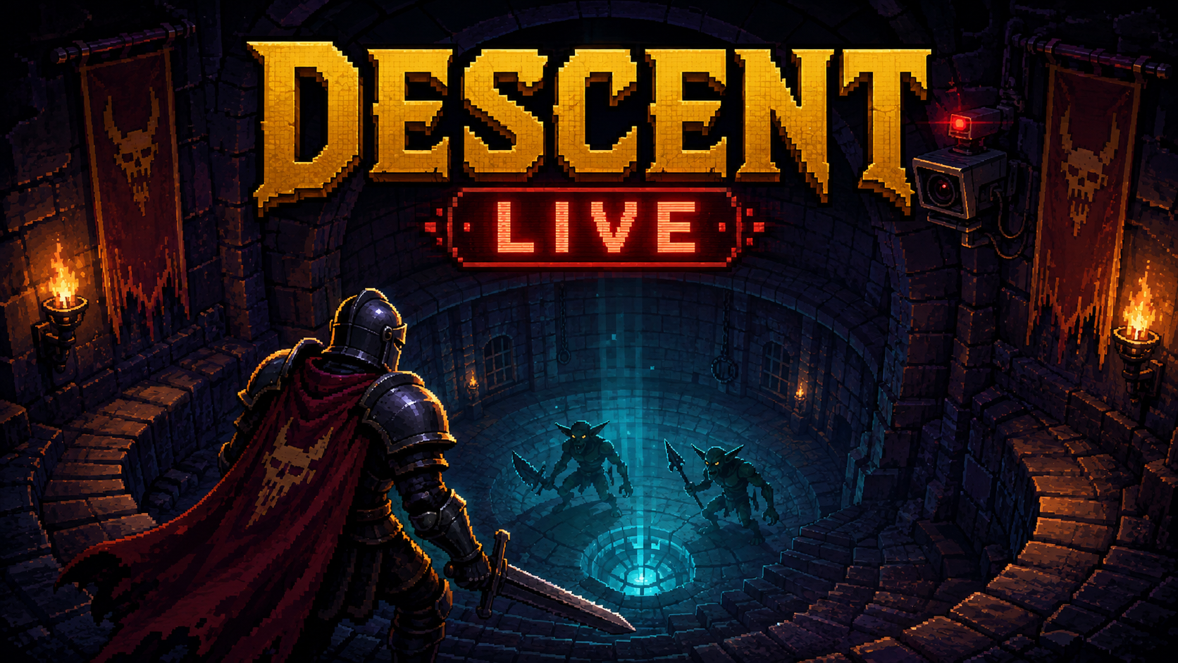 An armored crawler above a glowing dungeon stairwell beneath the Descent Live title and a broadcast camera.