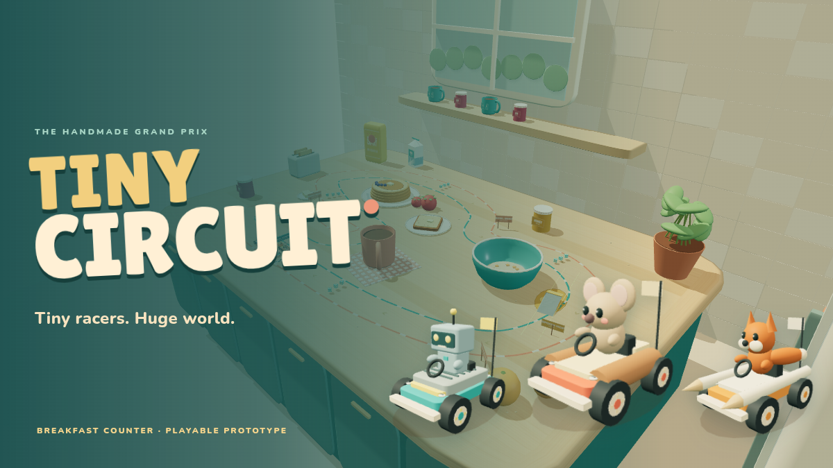 Tiny Circuit branding over the warm Breakfast Counter kitchen and three original toys in their handmade racing vehicles.